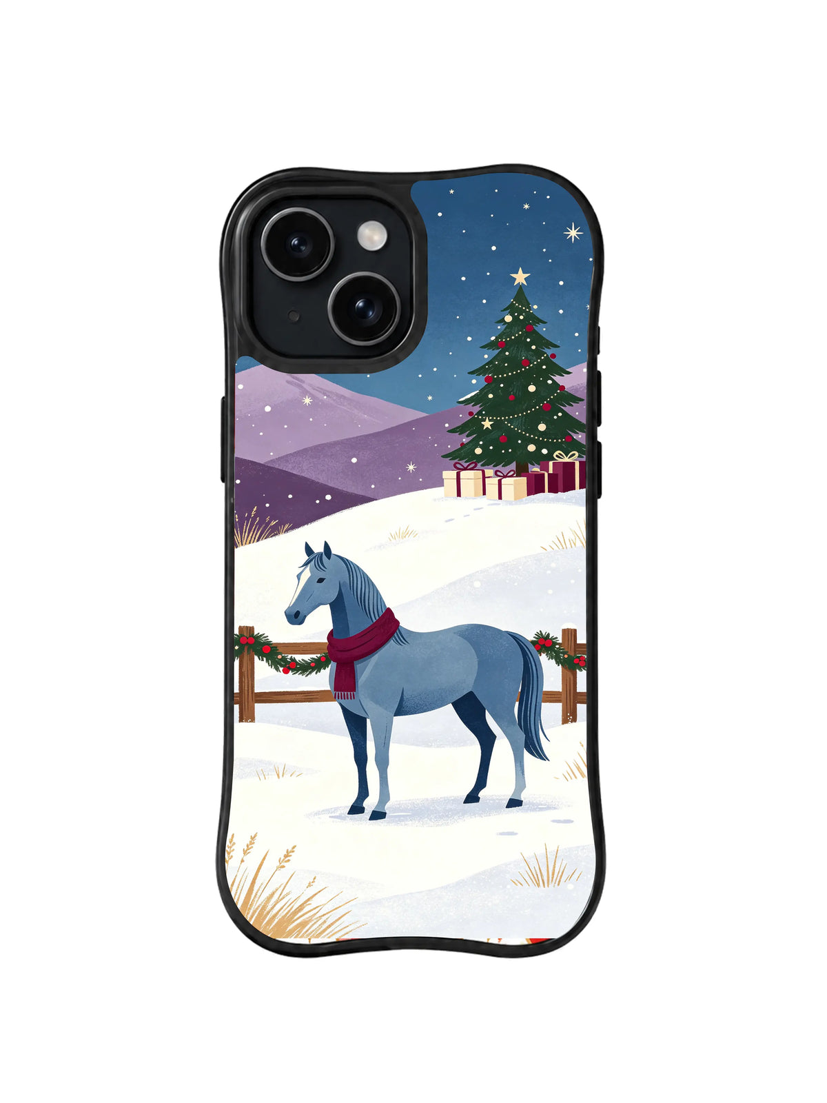Winter horse near a decorated fir on an iPhone 14 case, pattern two