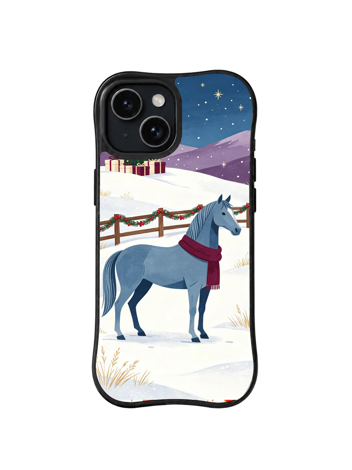 Blue-gray horse and garland fence Christmas iPhone 14 case, pattern three