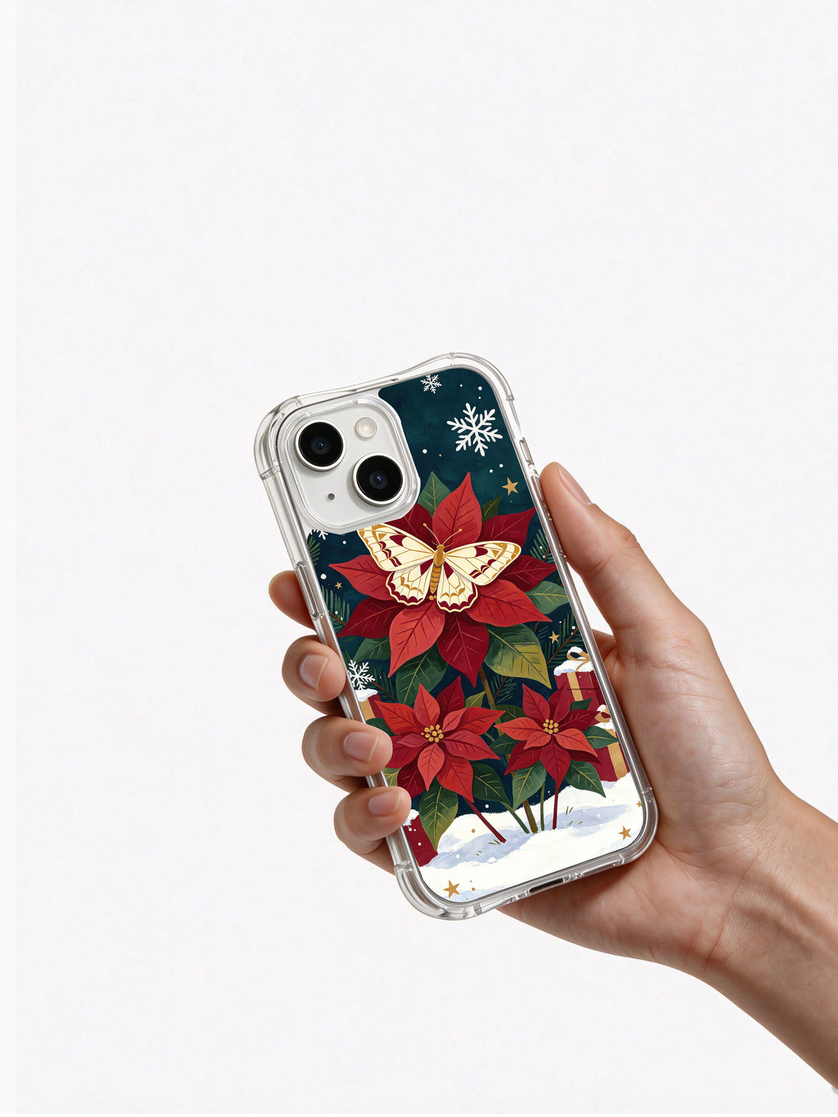 Hand holding the Christmas moth and poinsettia snow iPhone 14 case
