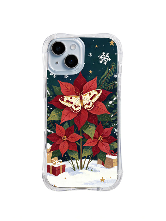 Cream and burgundy moth on red poinsettias iPhone 14 case, pattern one