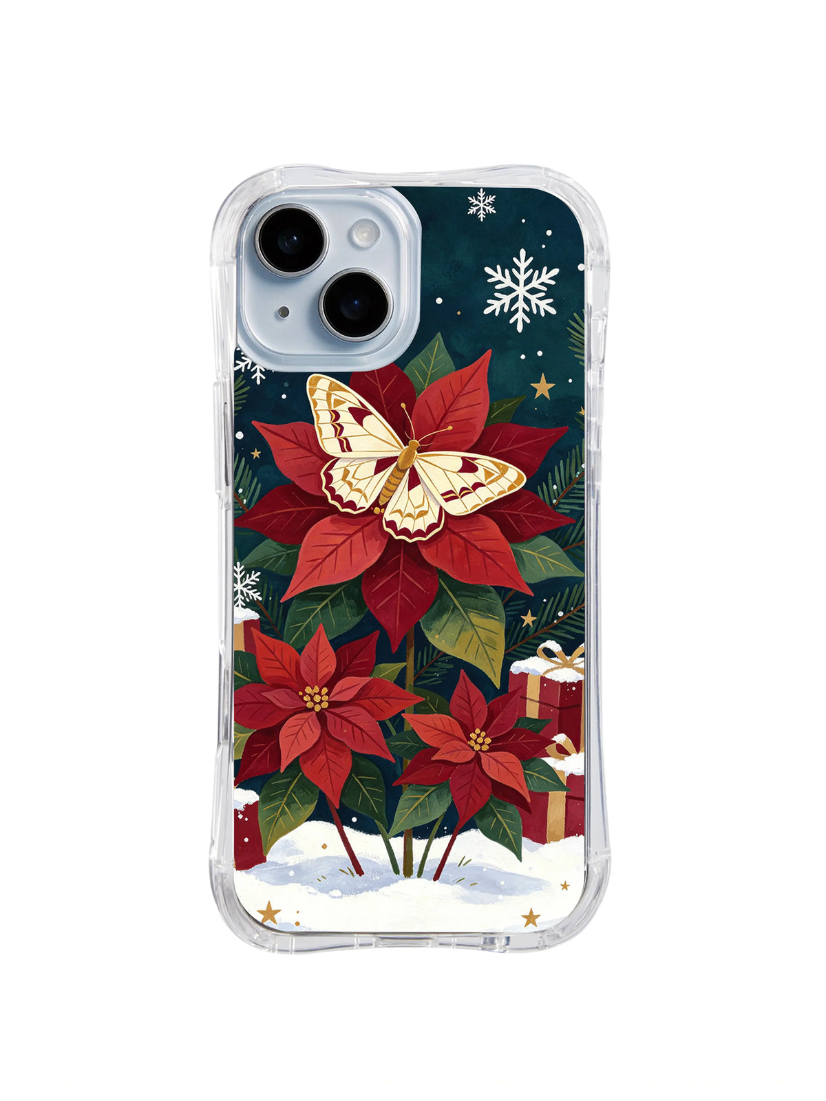 Celestial Christmas moth over poinsettia flowers iPhone 14 case, pattern five