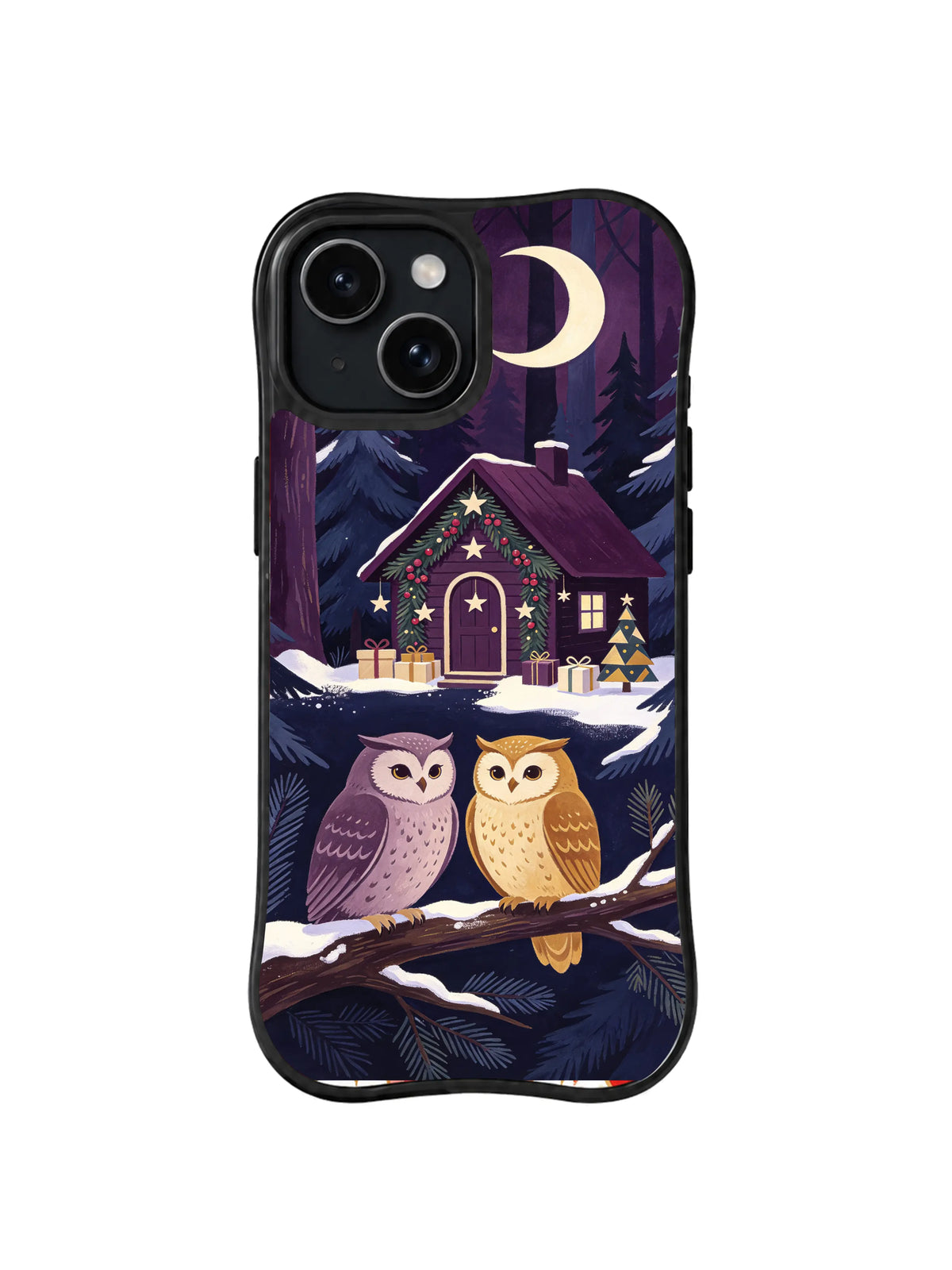 Black iPhone 14 case featuring two owls, crescent moon, indigo firs and a Christmas book cottage