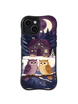 Black iPhone 14 case with plum and golden owls guarding a moonlit holiday cottage