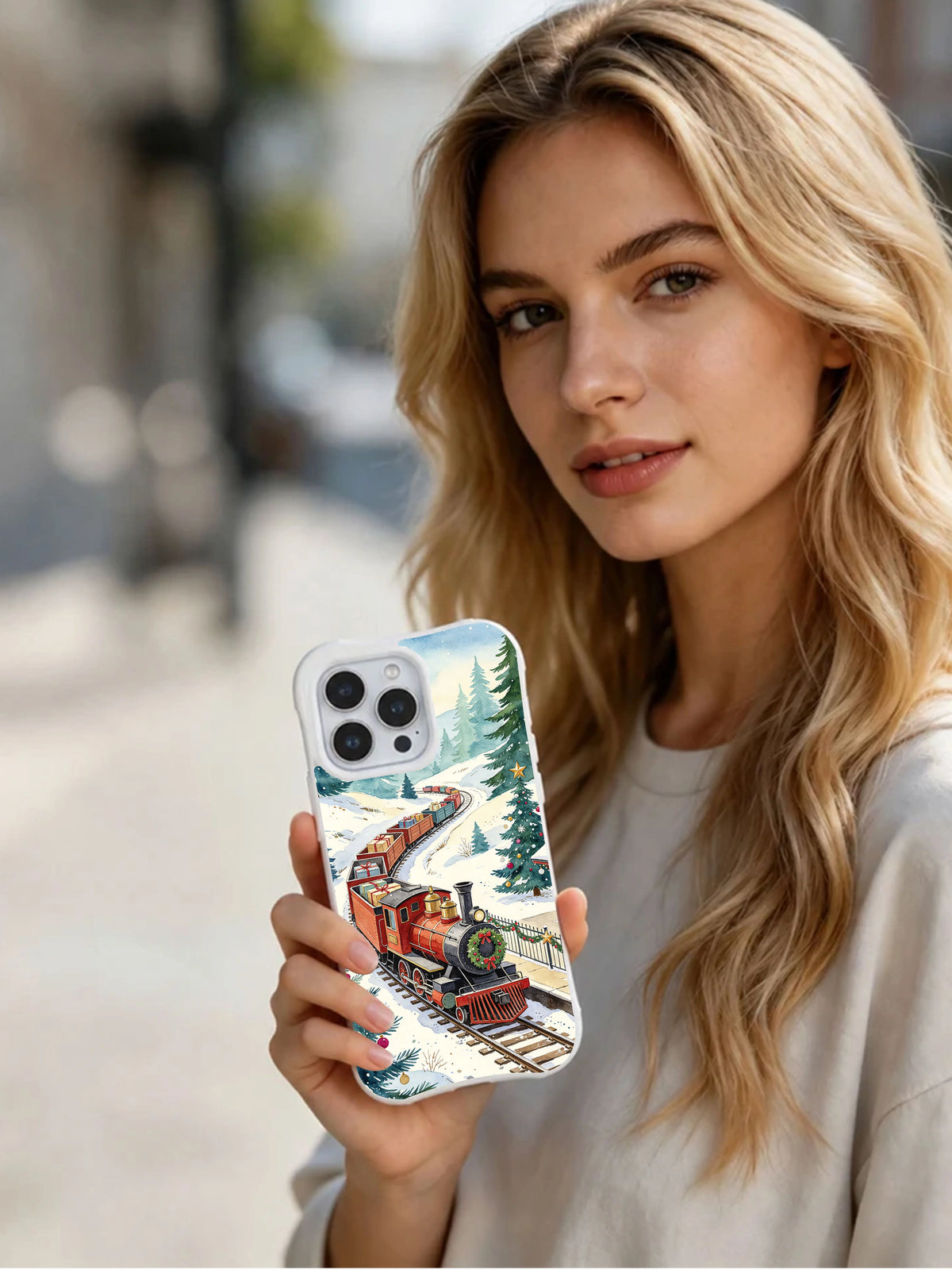 Christmas Rail Through Pines white iPhone 16 Pro case lifestyle view