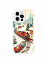 Christmas Rail Through Pines iPhone 16 Pro case in Snowbend Parcel Cars artwork