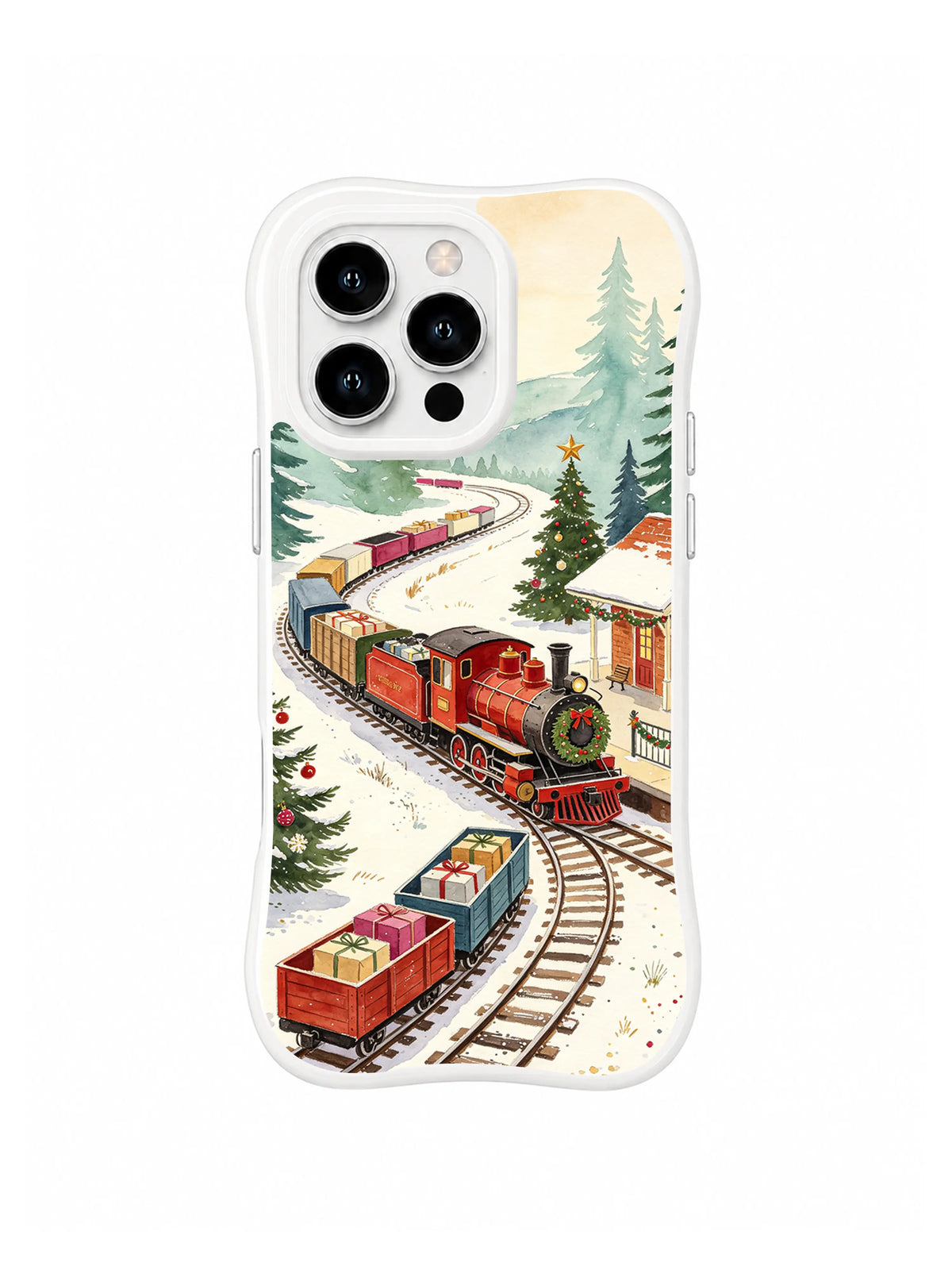 Christmas Rail Through Pines iPhone 16 Pro case in Snowbend Parcel Cars artwork