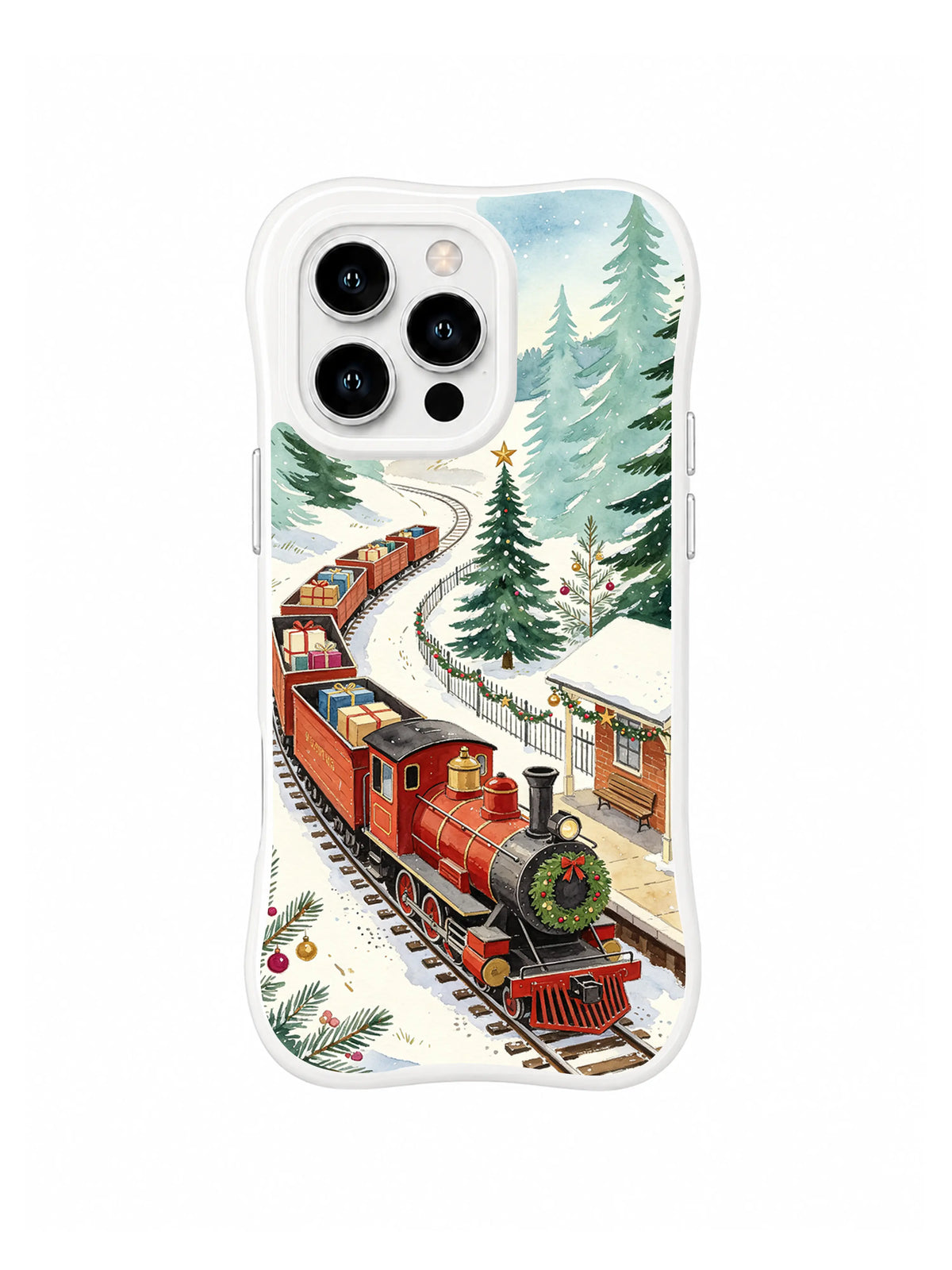 Christmas Rail Through Pines iPhone 16 Pro case in Wreath Engine Station artwork