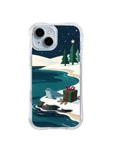 Blue-gray Christmas seal beside a forest-green gift on an icy cove iPhone 14 case, pattern one
