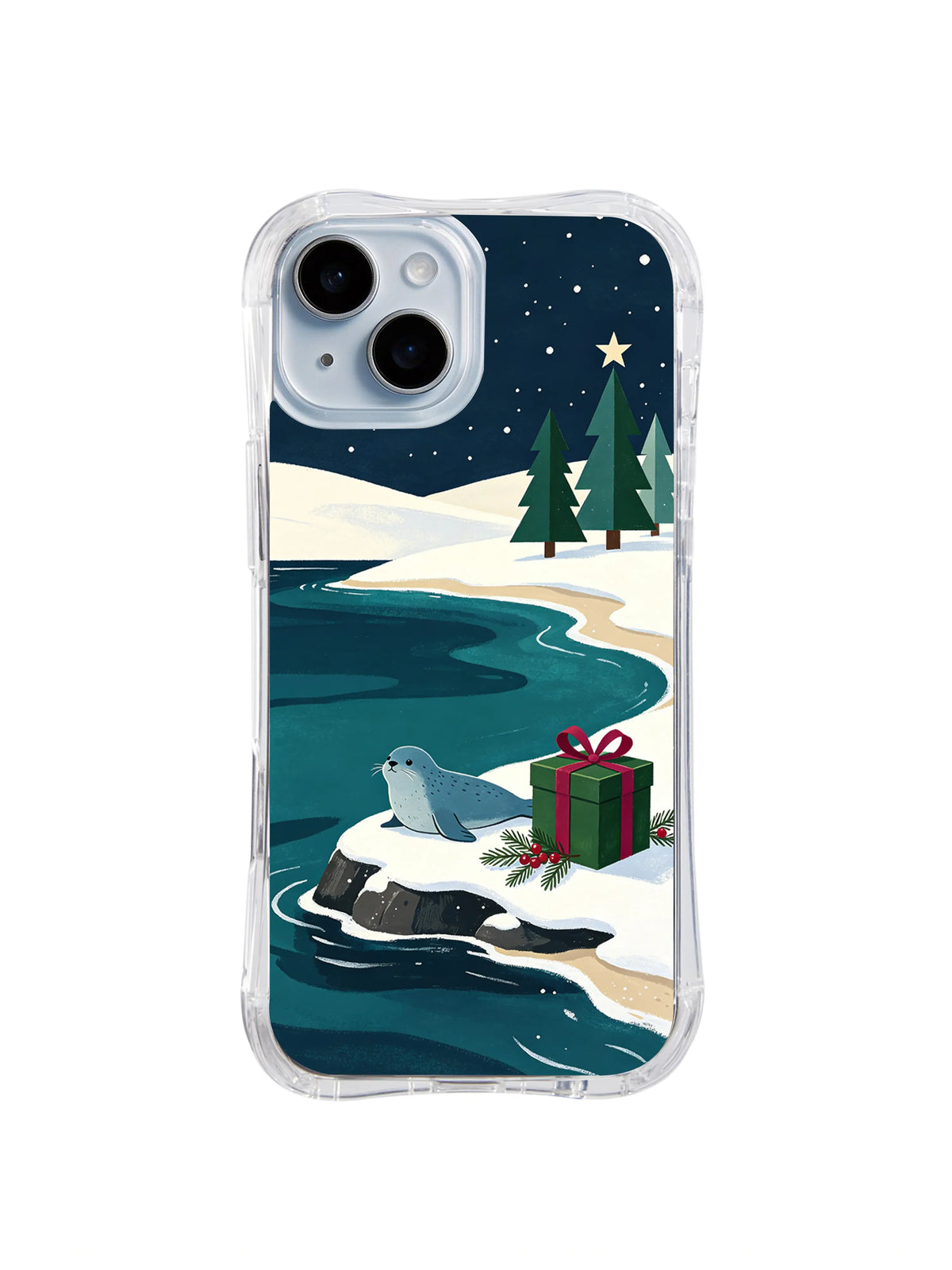 Blue-gray Christmas seal beside a forest-green gift on an icy cove iPhone 14 case, pattern one