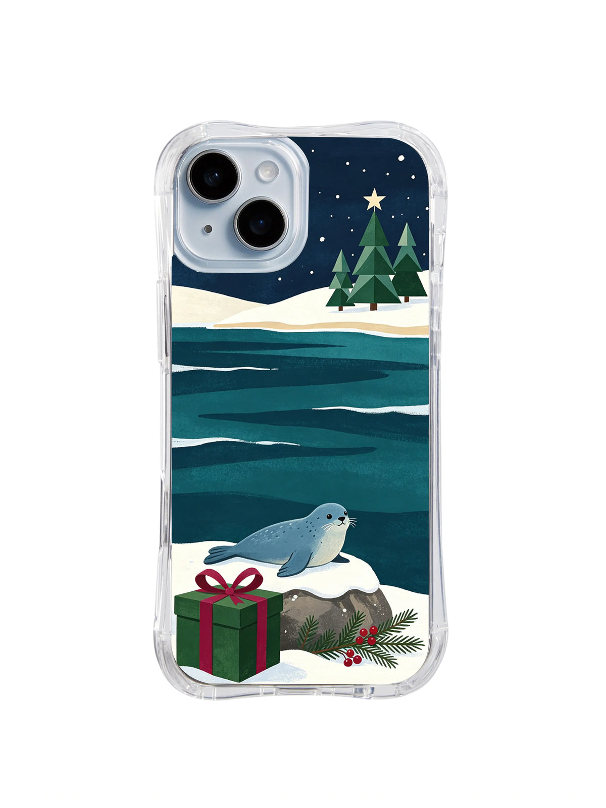 Seal resting by teal winter waves and evergreen trees iPhone 14 case, pattern two