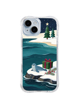 Christmas seal with cranberry-ribbon parcel on snowy shore iPhone 14 case, pattern three