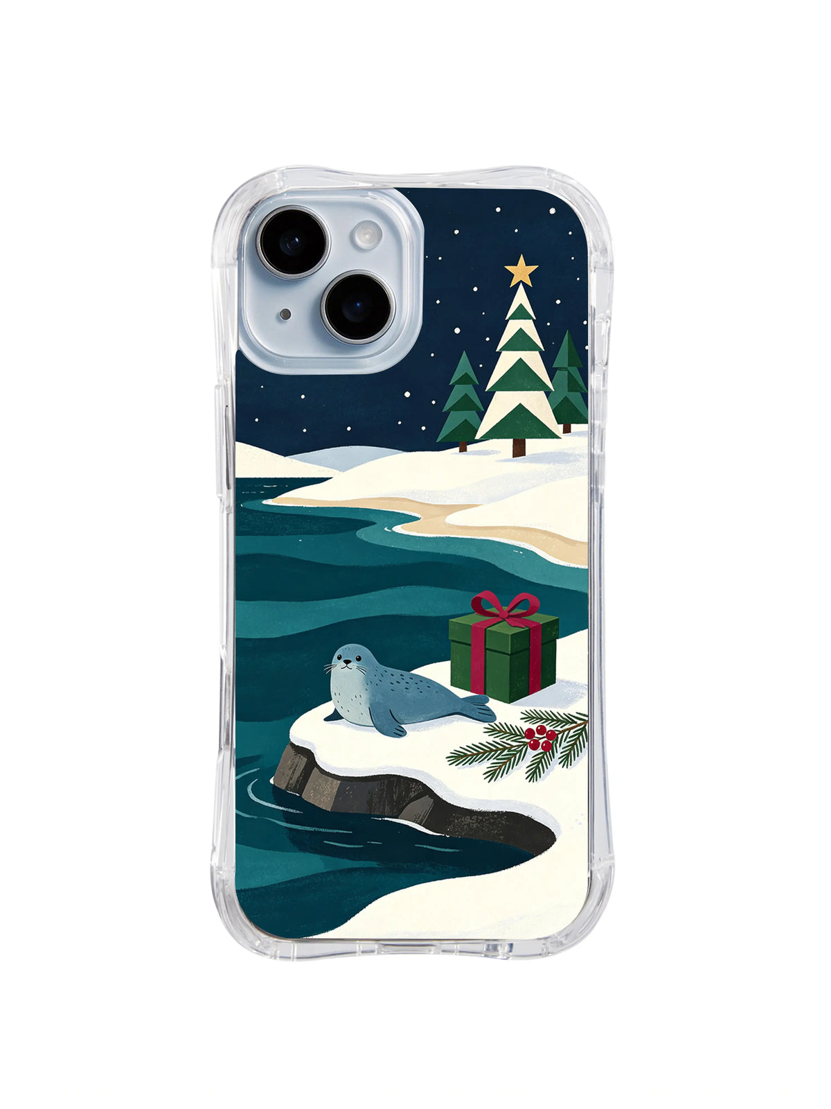 Coastal Christmas seal beneath a cream-gold star iPhone 14 case, pattern four