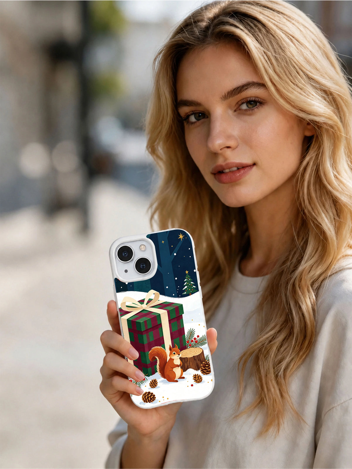 Person holding the Christmas squirrel and giant present iPhone 14 case