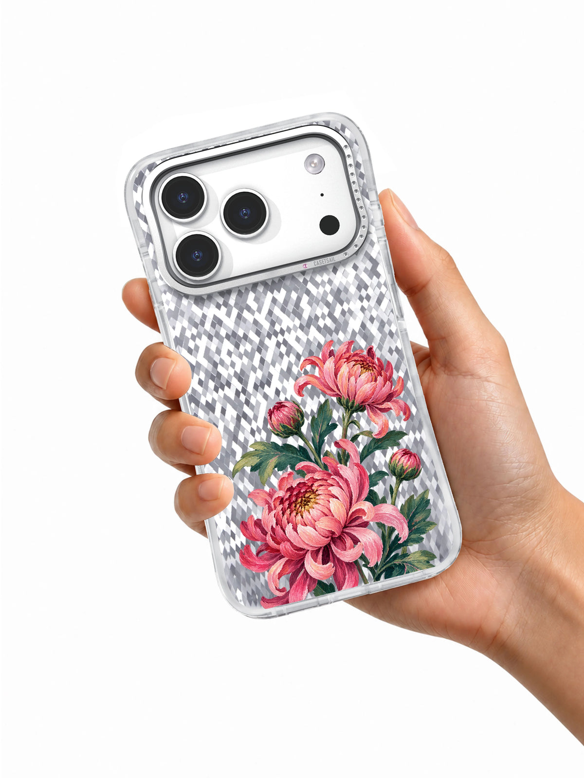 Chrysanthemum Hollow transparent iPhone case held in hand