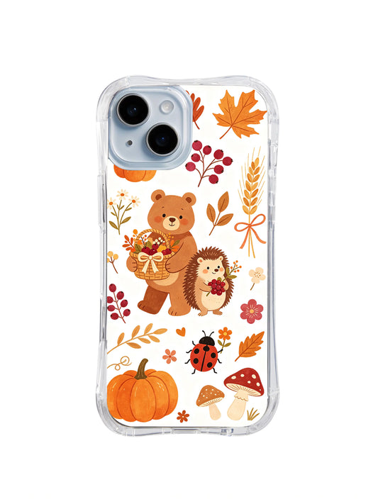 Cinnamon Bear Autumn Blessing / Bear Hedgehog Blessing: Balkabakları, yapraklar ve uğur böceğiyle çevrili, kırmızı meyveli kirpinin yanında çiçek dolu sepet taşıyan tarçın renkli ayı.
