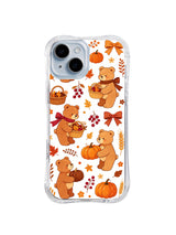 Cinnamon Bear Autumn Blessing / Ribbon Basket Bears: Kırmızı boyun fiyonkları, meyve kümeleri ve büyük turuncu kurdele fiyonklarıyla sepet veya balkabağı taşıyan küçük tarçın renkli ayılar.