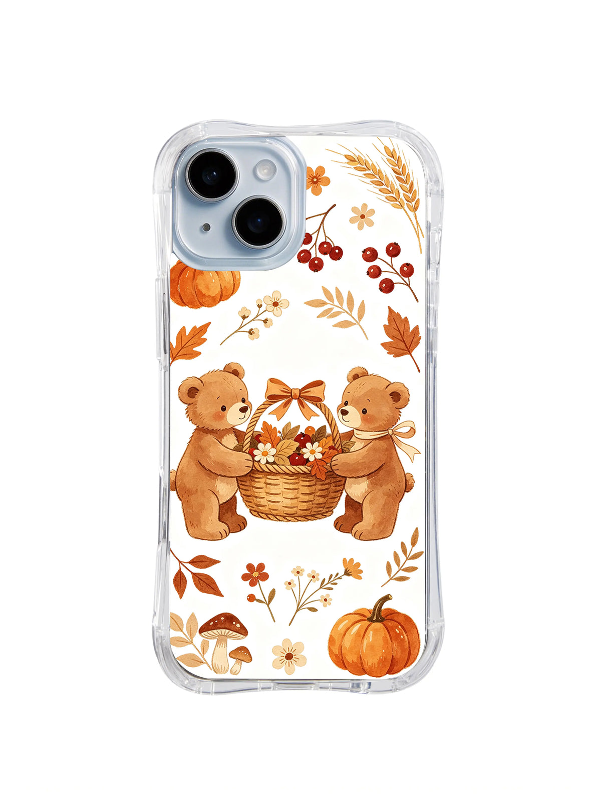 Cinnamon Bear Autumn Blessing / Sharing Harvest Bears: İnce yapraklar, buğday ve küçük çiçeklerle çevrili, birbirine dönük iki ayının birlikte tuttuğu çiçek ve balkabağı sepeti.