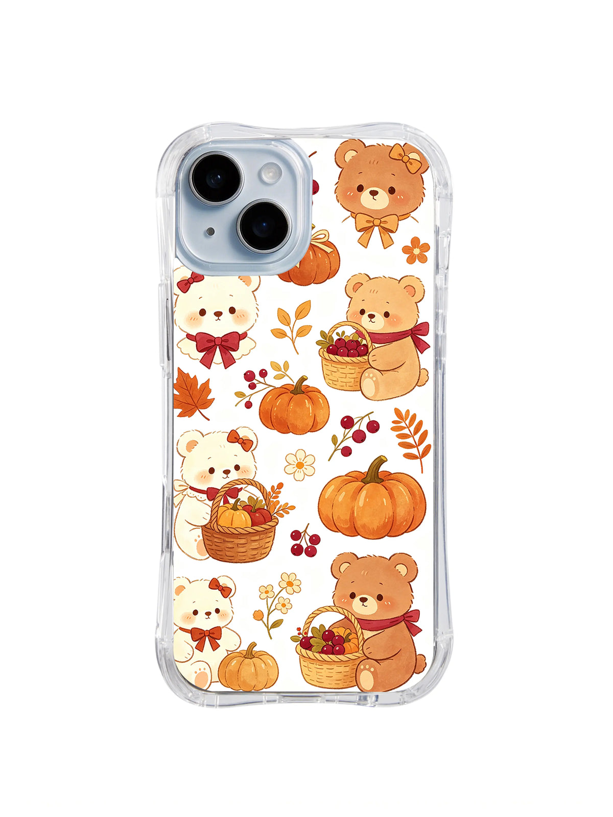 Cinnamon Bear Autumn Blessing: Sepetler, balkabakları, kırmızı fiyonklar ve küçük çiçeklerle tekrarlanan krem ve tarçın renkli ayılar.