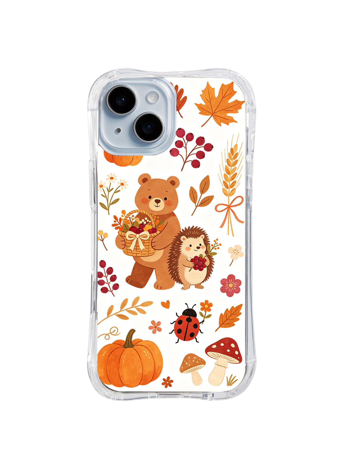 Cinnamon Bear Autumn Blessing: Turuncu yapraklar ve kırmızı meyveler arasında hasat ürünleri taşıyan ayı ve kirpinin düz arka görünümü.