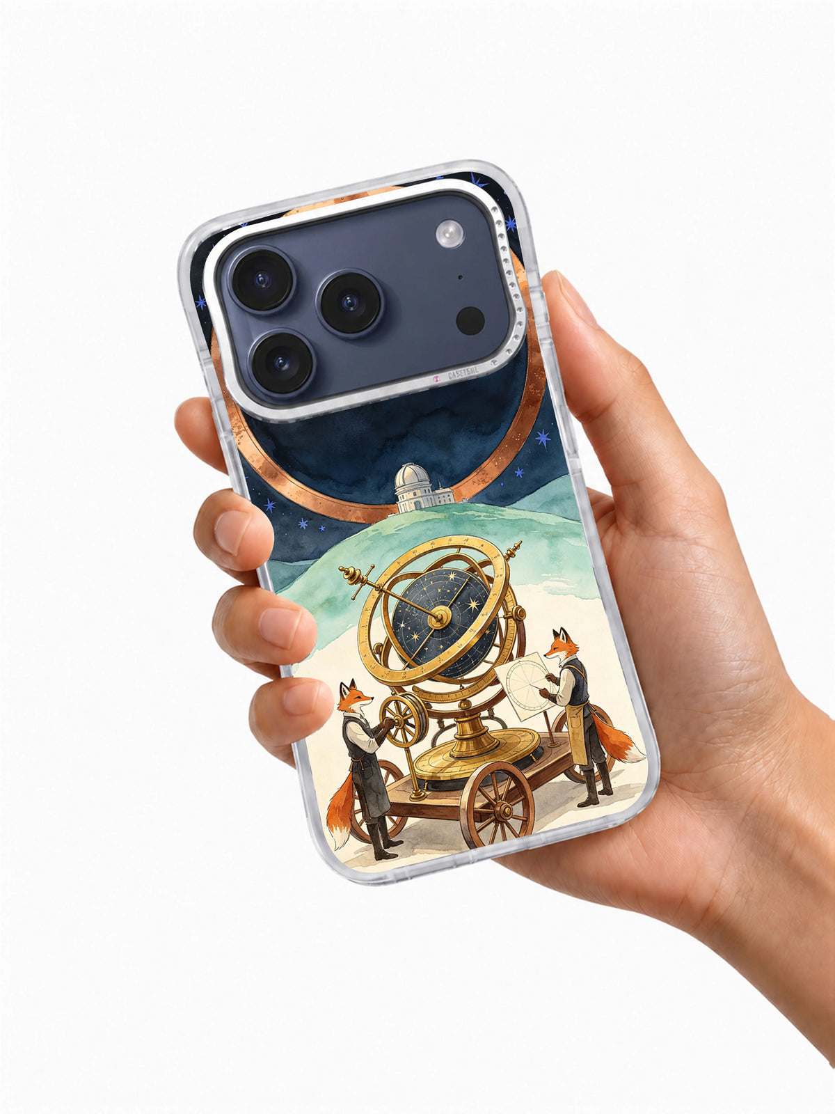 Clockwork Constellation Cart iPhone case shown in hand