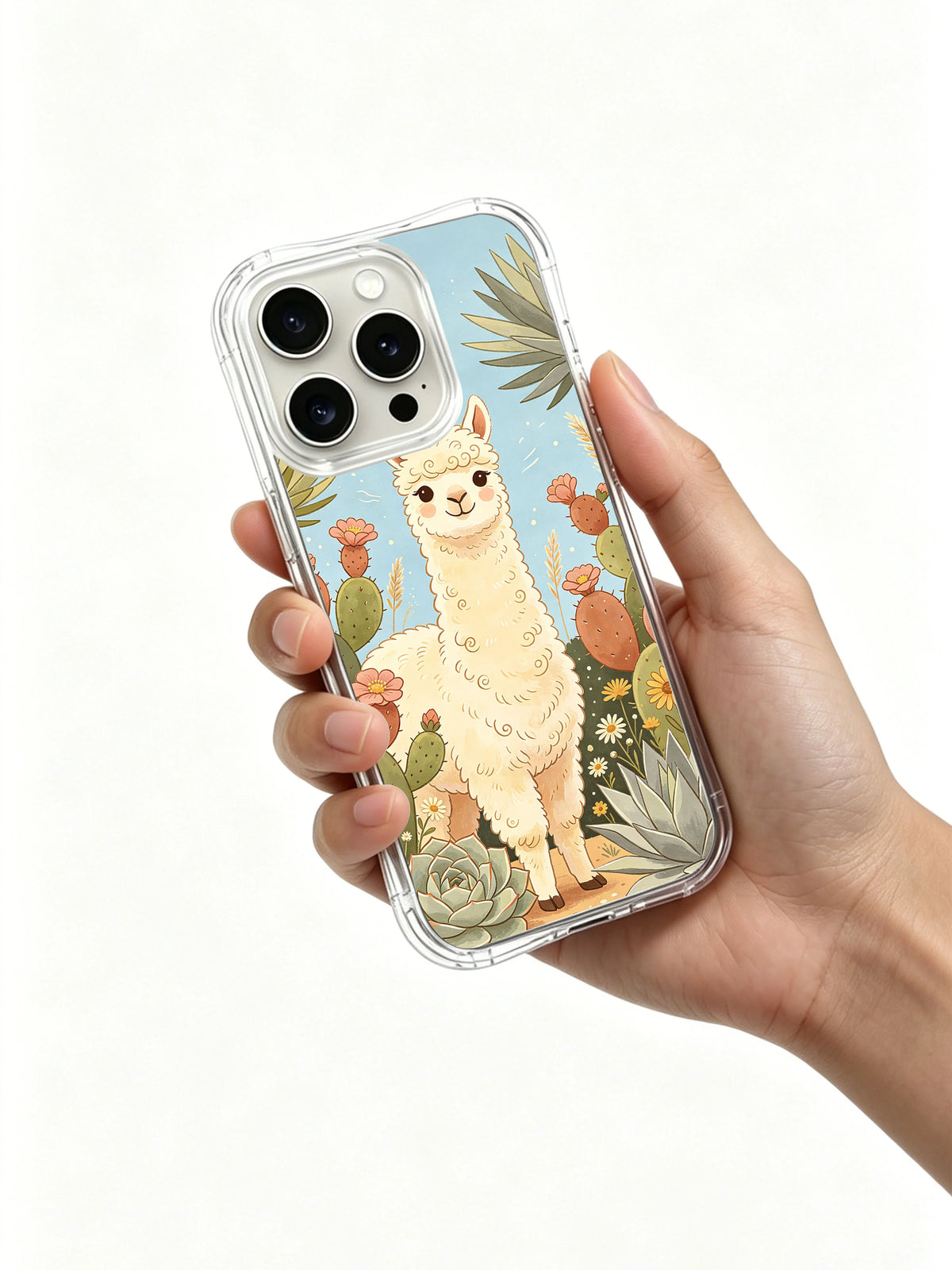 Cloud alpaca botanical phone case hand-held view