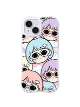 Blue Cloud Portrait Mix: Blue, lavender and peach bob-haired faces in flower sunglasses overlap with small clouds.