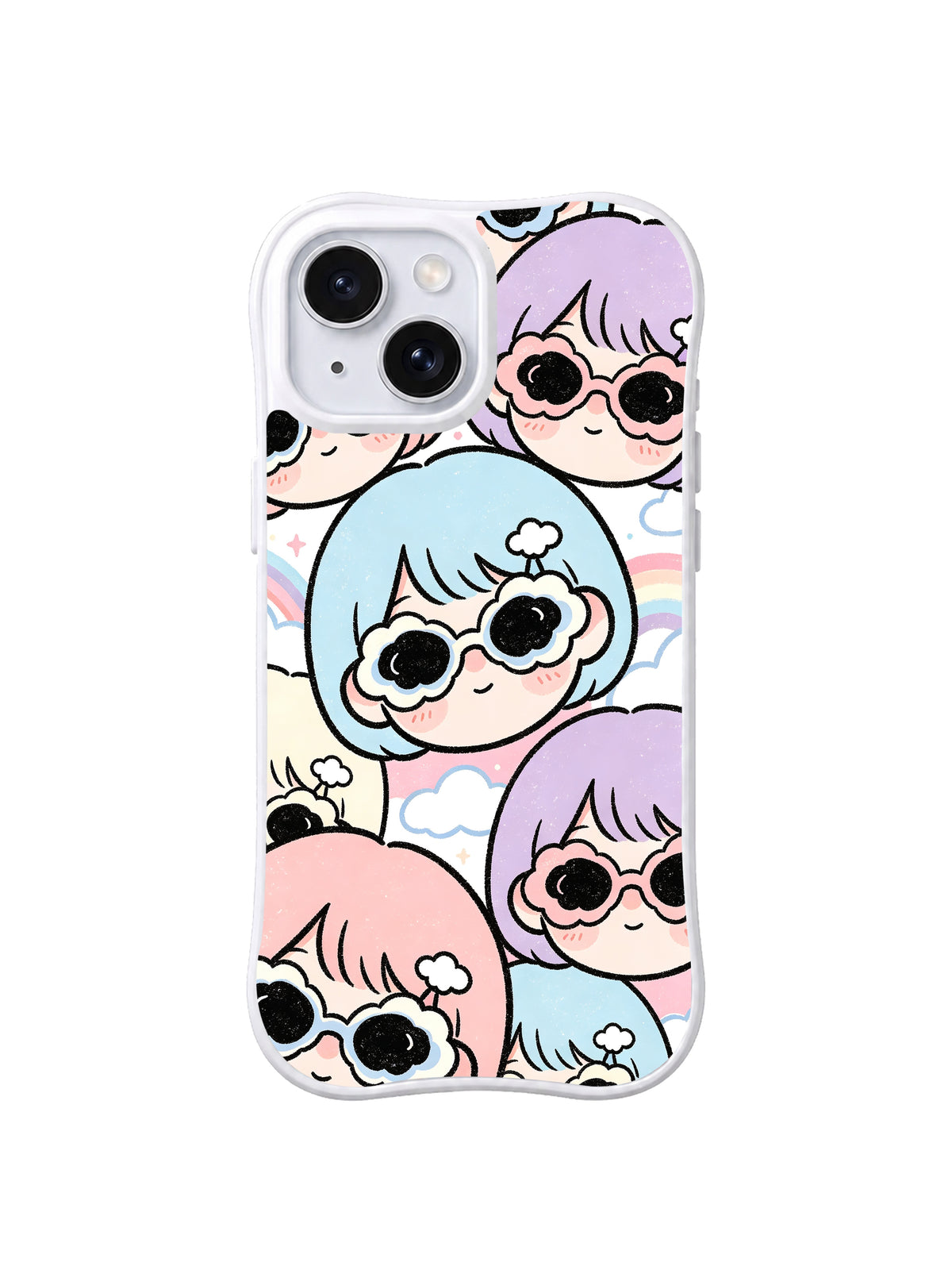 Blue Cloud Portrait Mix: Blue, lavender and peach bob-haired faces in flower sunglasses overlap with small clouds.