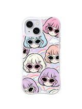 Pastel Rainbow Daydreams: Pastel portraits in flower-shaped sunglasses repeat among clouds, stars and rainbow lines.