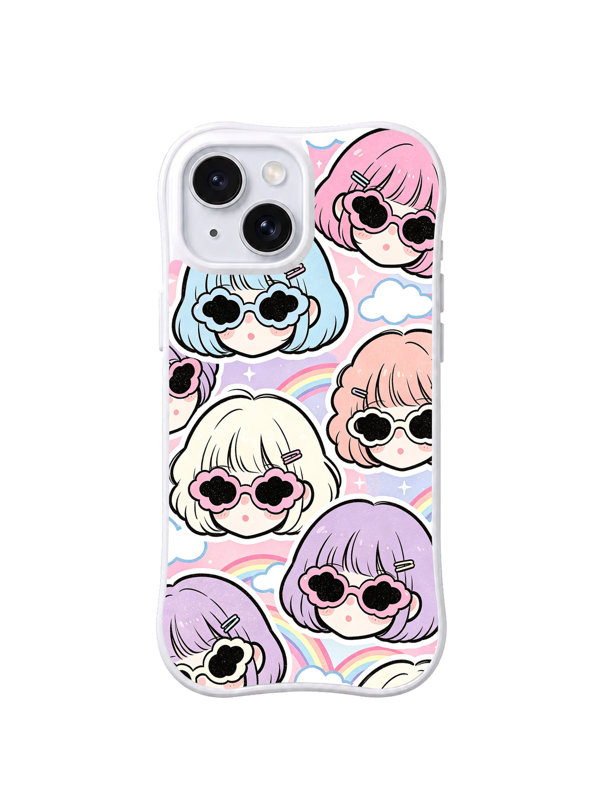 Pastel Rainbow Daydreams: Pastel portraits in flower-shaped sunglasses repeat among clouds, stars and rainbow lines.