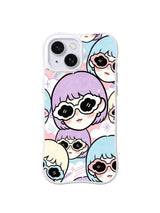 Lavender Cloud Close-Up: Oversized lavender, blue and cream bob-haired faces wear black flower sunglasses.