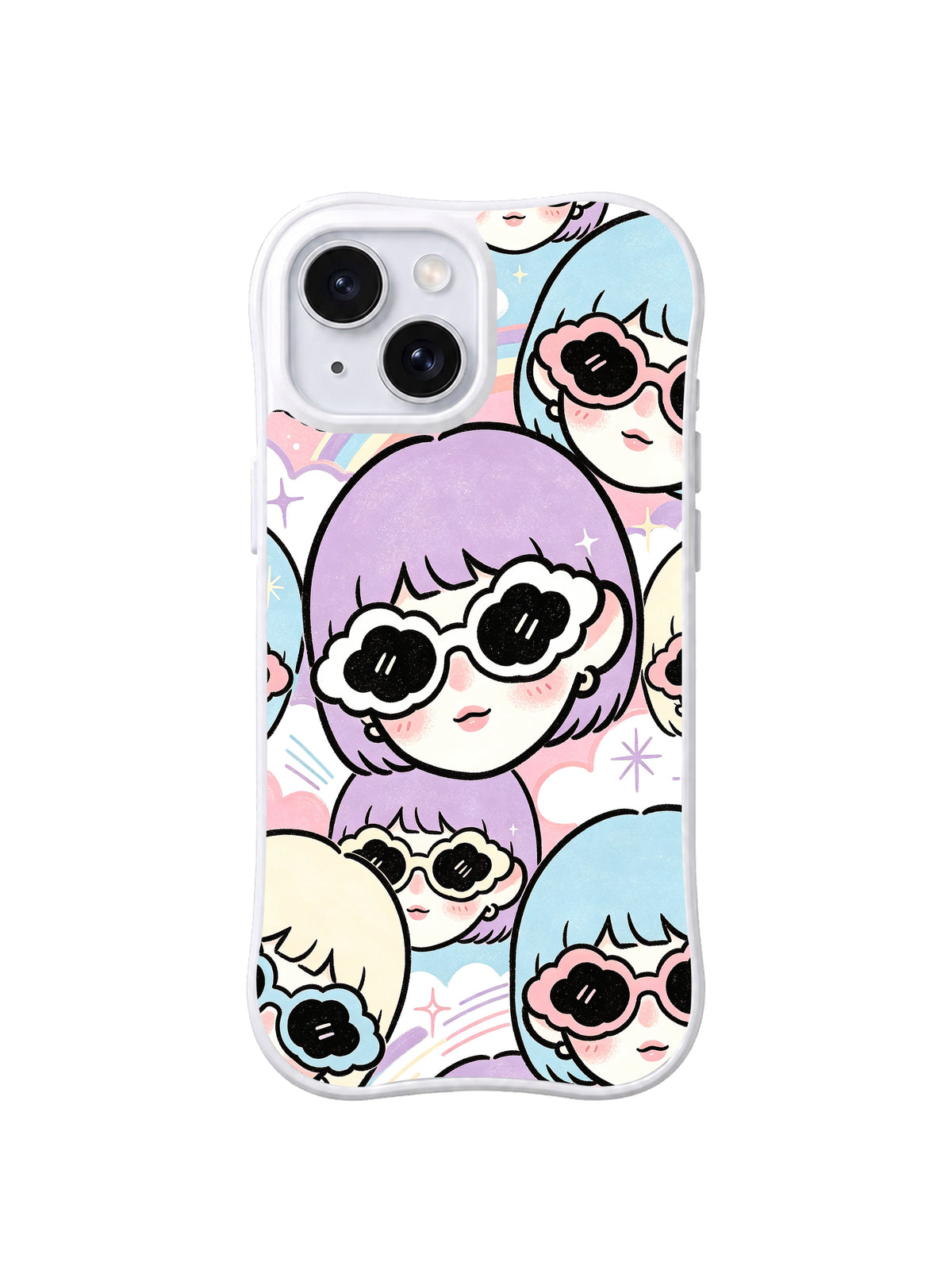 Lavender Cloud Close-Up: Oversized lavender, blue and cream bob-haired faces wear black flower sunglasses.