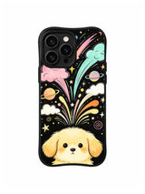 Cosmic Cloud Burst: A golden puppy looks up beneath fountain-like rainbow trails, clouds and planets.