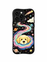Rainbow Orbit Puppy: A golden puppy sits inside a bright rainbow orbit among planets and stars.
