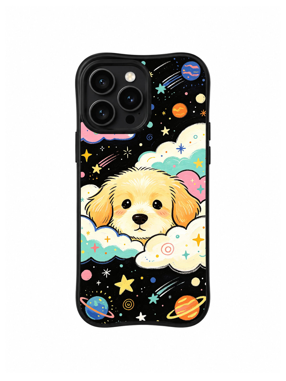 Starry Cloud Nest: A golden puppy rests inside layered pastel clouds beneath planets and stars.