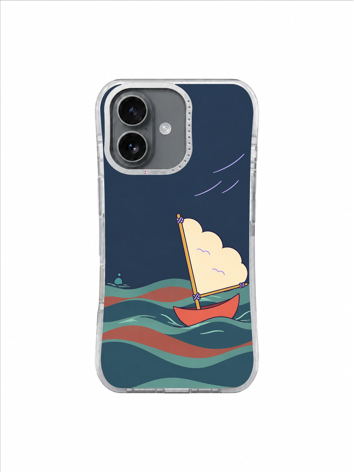 Lavender Tie Harbor cloud-sail artwork on an iPhone 17 case by Mila Vardon