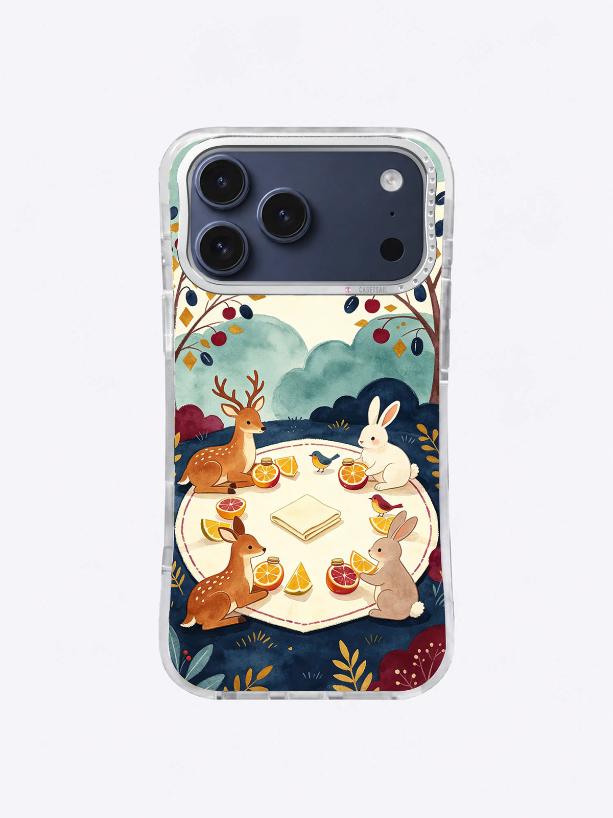 Maroon Sun Orchard Picnic artwork on an iPhone 17 Pro Max case