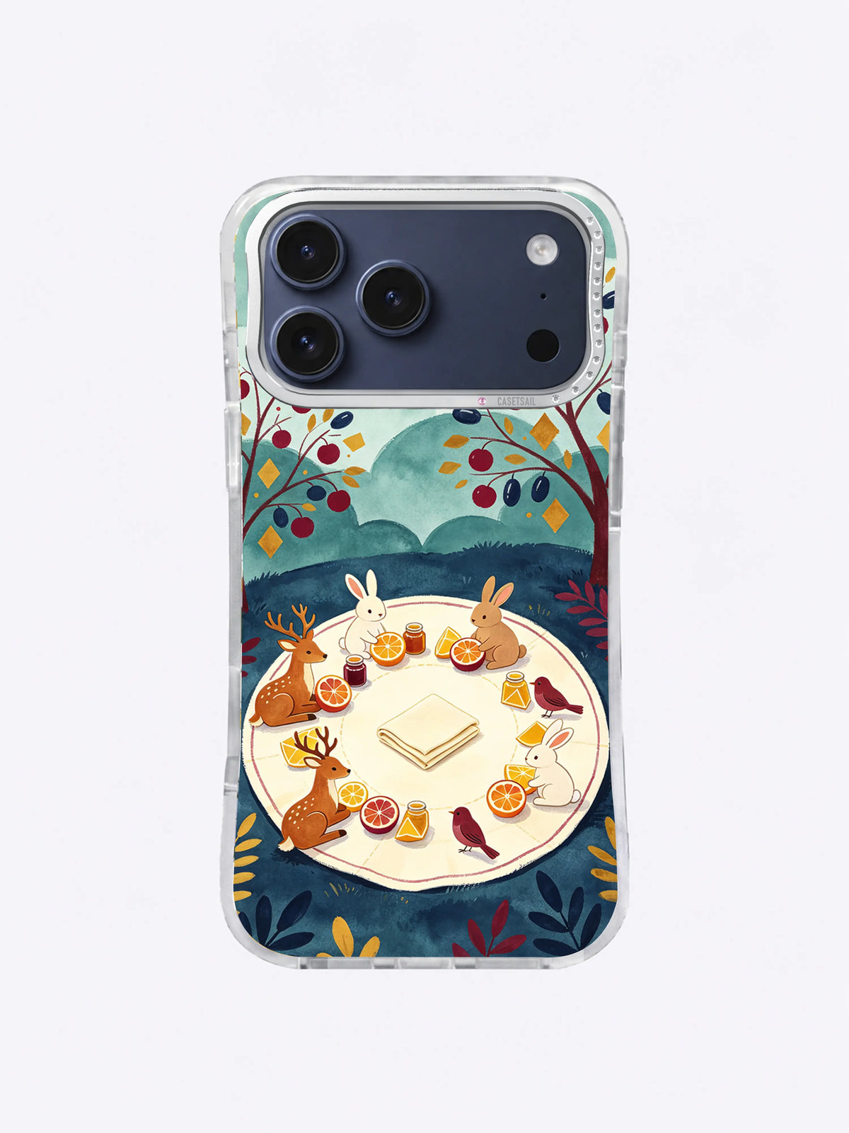Navy Fruit Grove Gathering artwork on an iPhone 17 Pro Max case