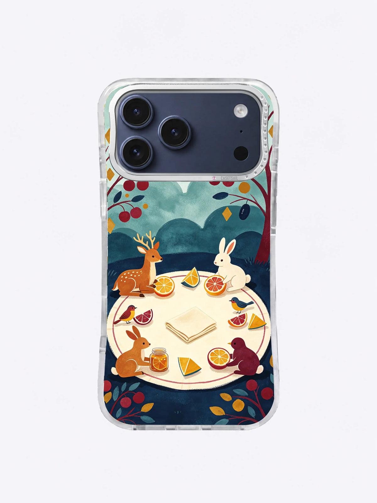 Rabbit and Deer Fruit Table artwork on an iPhone 17 Pro Max case