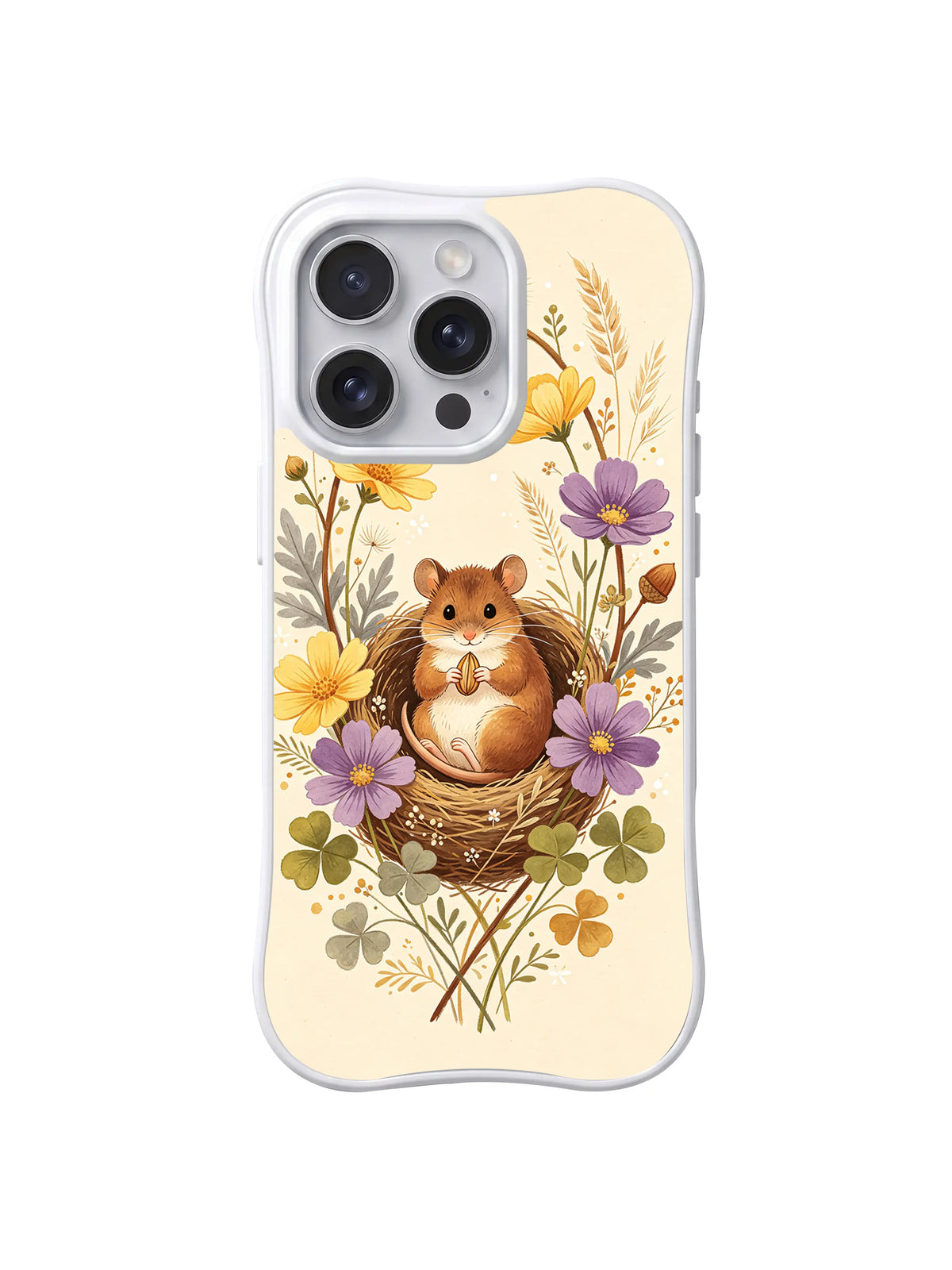 Clover Cradle Dormouse: A dormouse curls in a nest among clover leaves, yellow blooms and purple flowers.