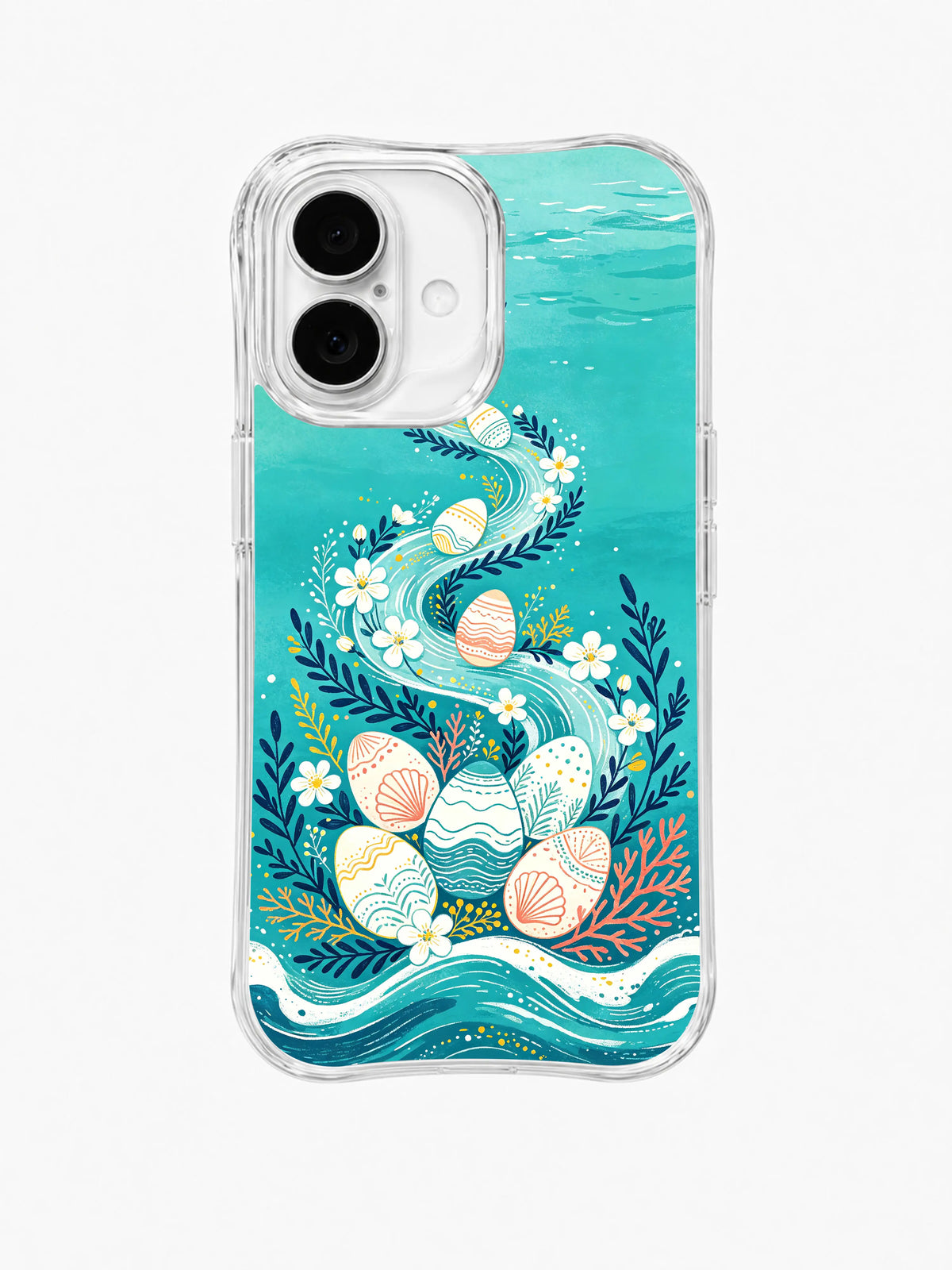 Coastal Egg Parade / Tidal Egg Cove: Shells and pale patterned eggs gathered below a winding turquoise channel edged with flowers and dark leaves.
