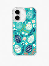 Coastal Egg Parade / Seaside Egg Scatter: Large navy, cream and turquoise eggs scattered with shells, white flowers and coral branches.