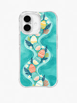 Coastal Egg Parade / Winding Coastal Stream: A narrow winding stream bordered by eggs, shells and white flowers on turquoise.