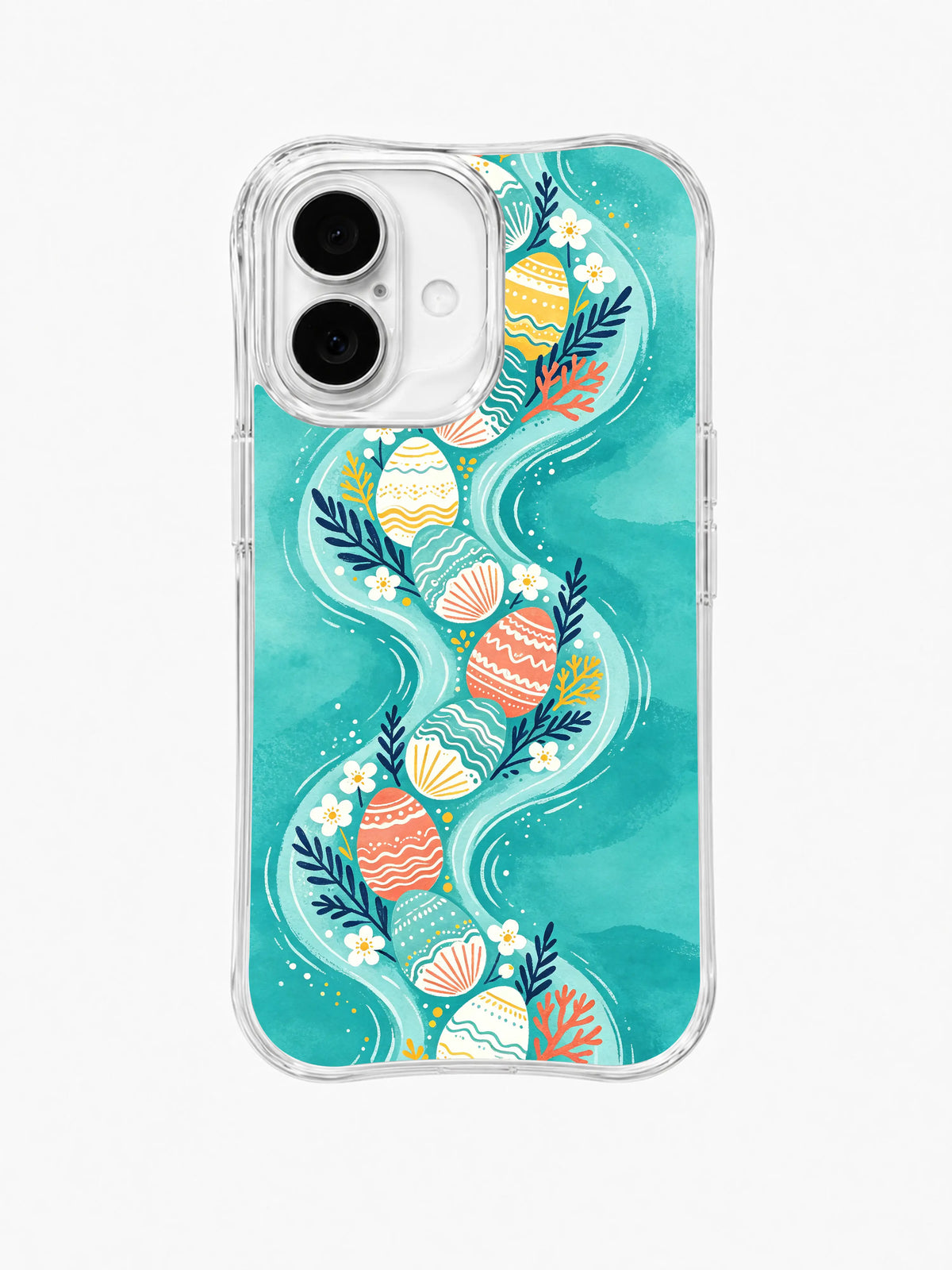 Coastal Egg Parade / Winding Coastal Stream: A narrow winding stream bordered by eggs, shells and white flowers on turquoise.