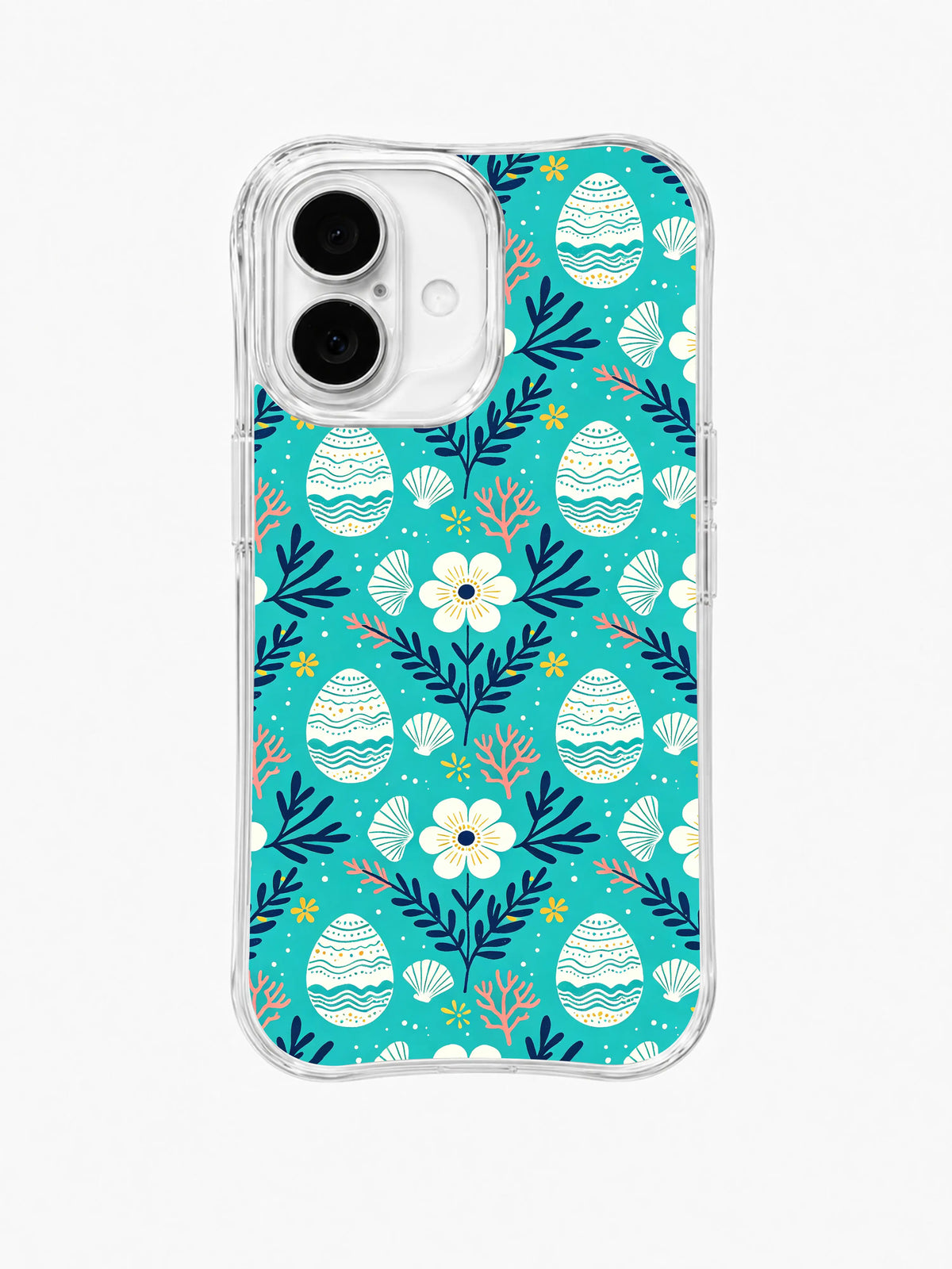 Coastal Egg Parade / Coastal Egg Garden: Small turquoise and cream eggs repeated around white flowers and dark branching leaves.
