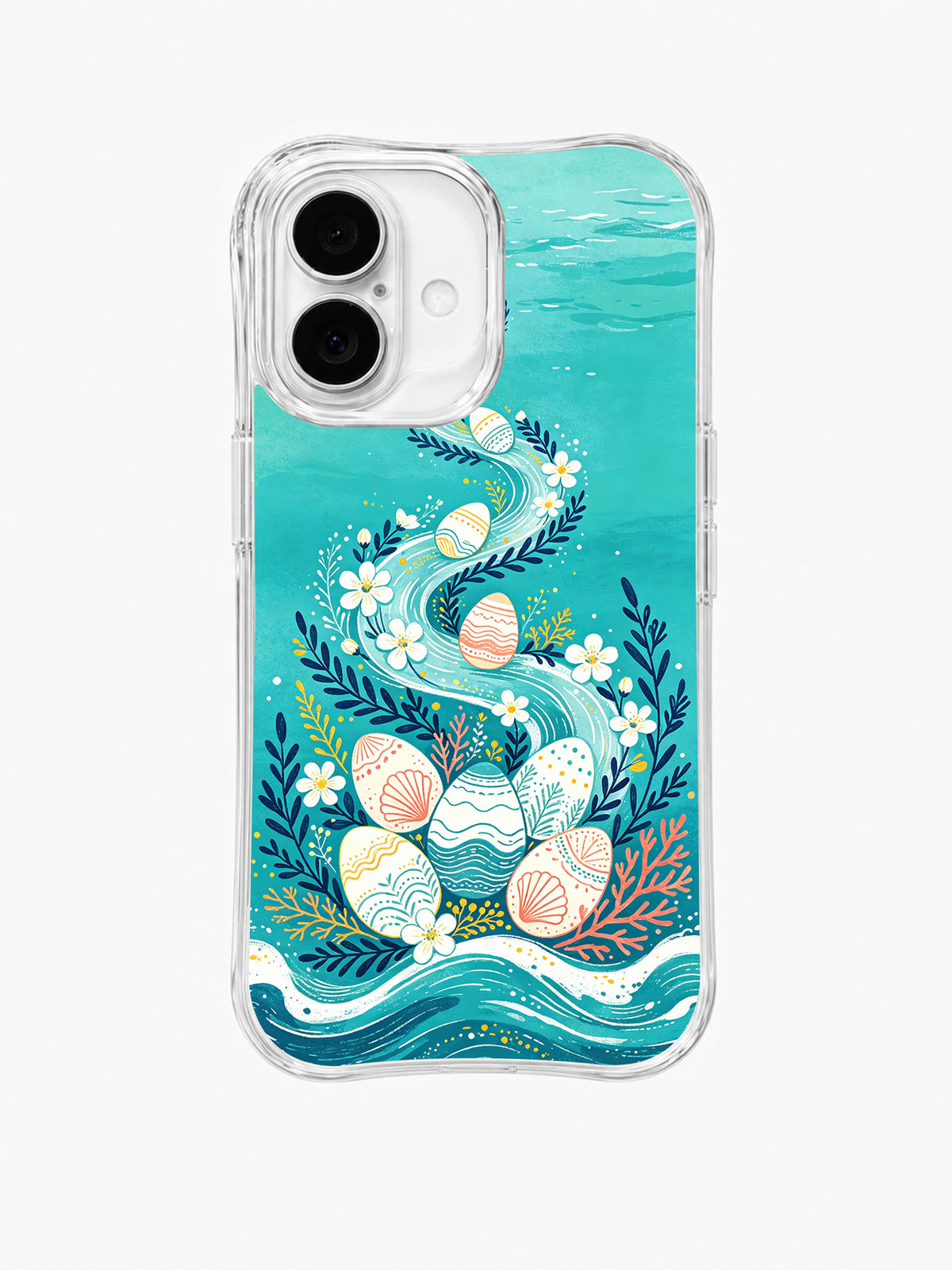 Coastal Egg Parade: Additional rear view: Shells and pale patterned eggs gathered below a winding turquoise channel edged with flowers and dark leaves.