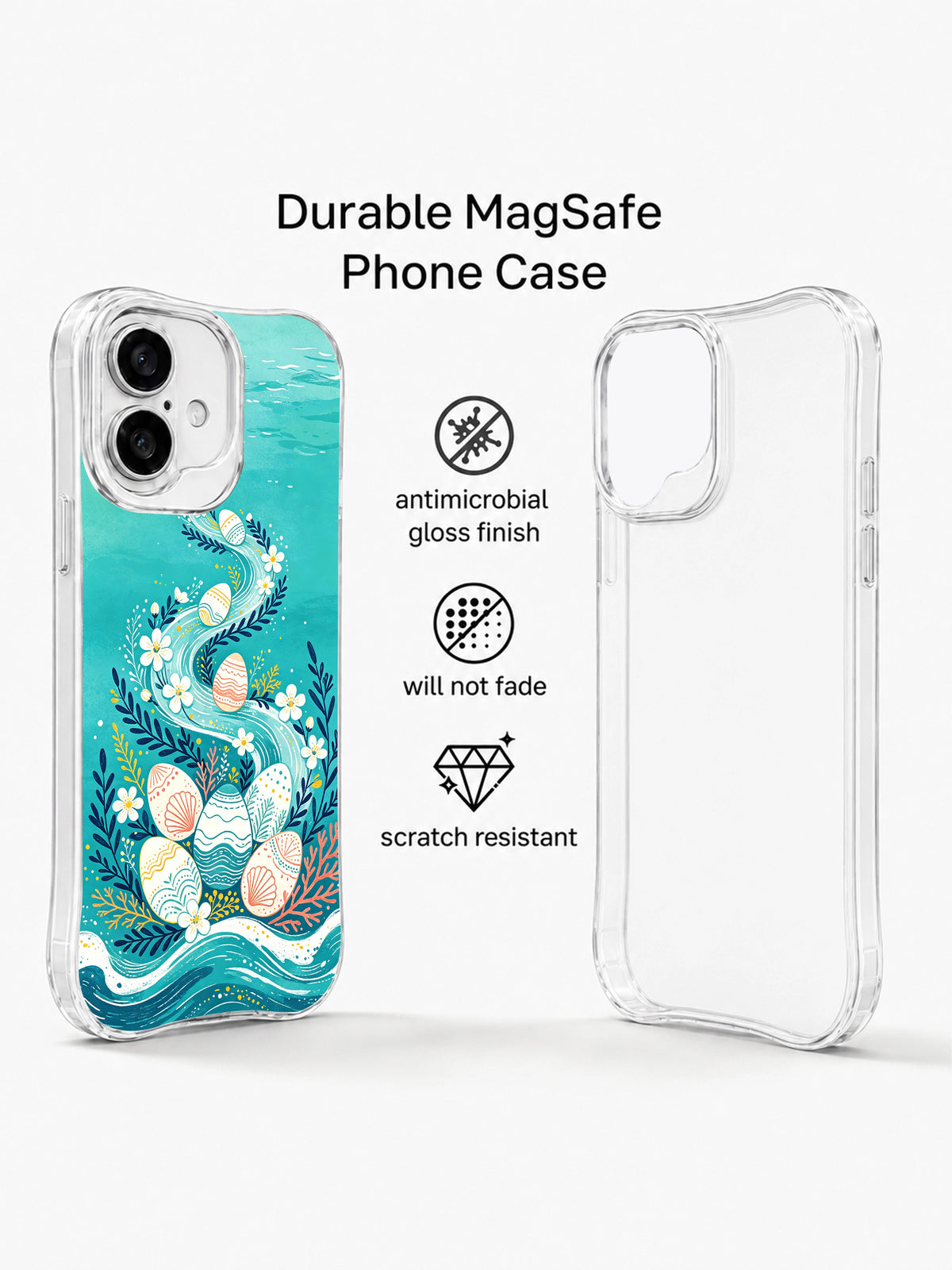 Coastal Egg Parade: Illustrated case beside a second rear view in a promotional layout.