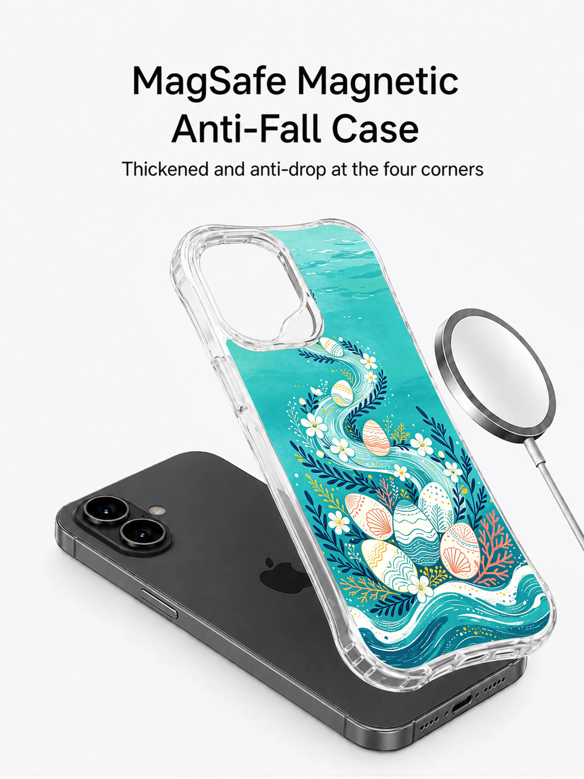 Coastal Egg Parade: Illustrated case separated from a phone beside a circular charging puck.