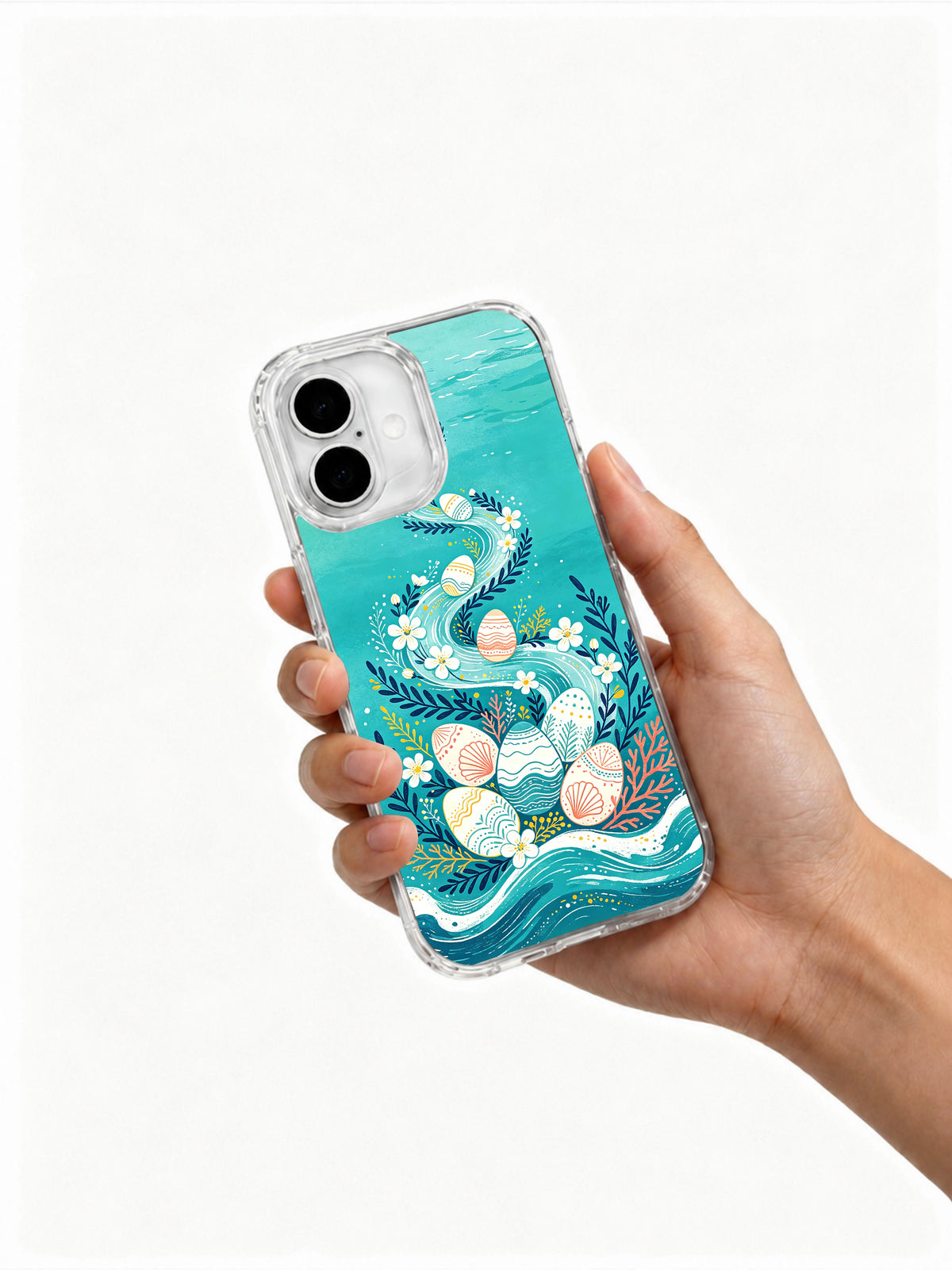 Coastal Egg Parade: A hand holding the illustrated case.