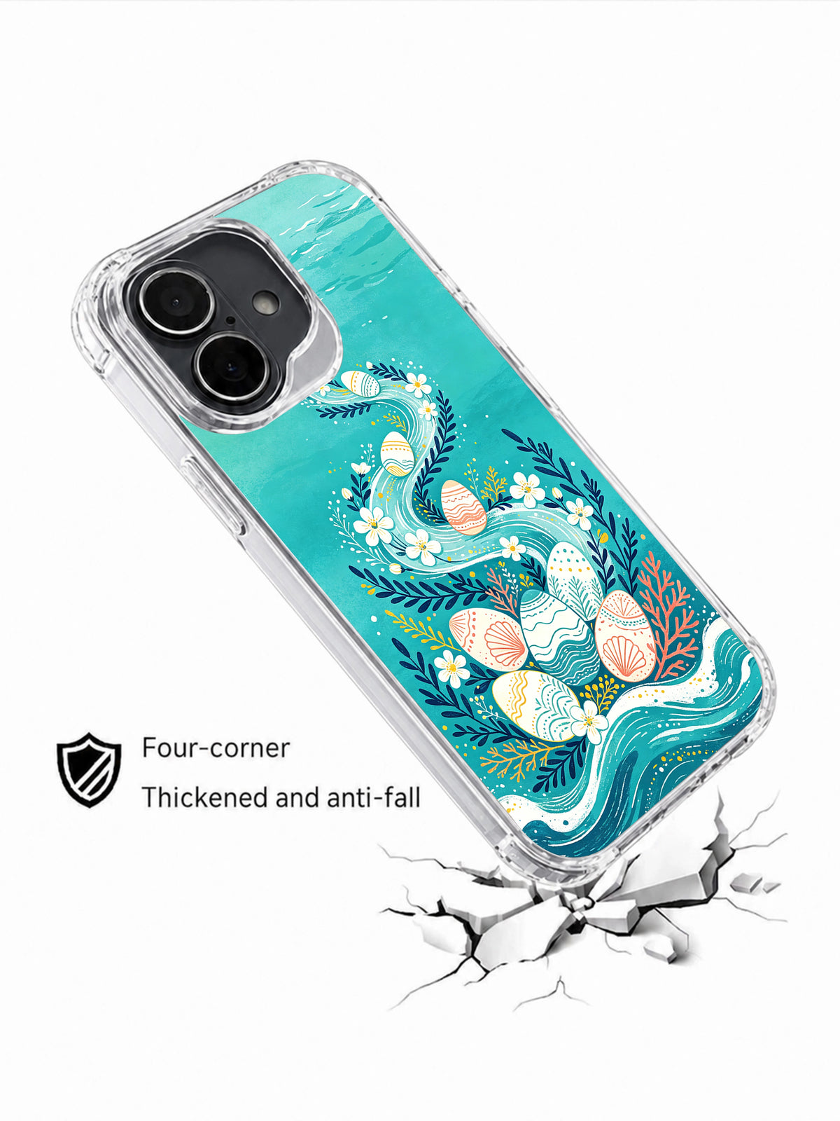 Coastal Egg Parade: Angled illustrated case above a cracked-surface graphic.