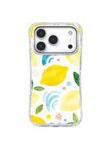 Citrus Coral Current: Large lemons mix with blue curved marks, coral shapes, dots and leaves.